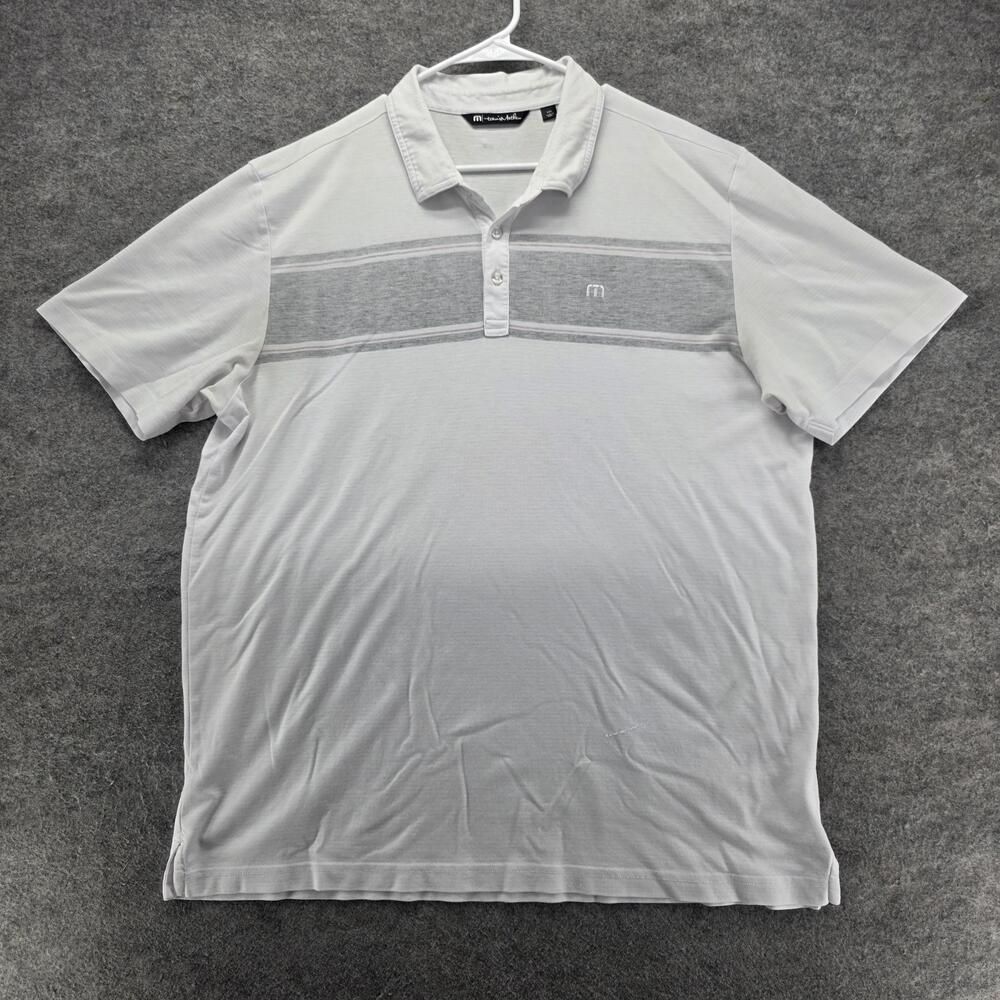 TravisMathew Polo Shirt Mens 2XL White Gray Stripe Pima Cotton Golf Performance